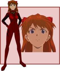 Rule 34 | 1girl, :&lt;, blue eyes, bodysuit, breasts, brown hair, curvy, eva pachi, full body, hair ornament, hands on own hips, interface headset, lips, long hair, medium breasts, neon genesis evangelion, pilot suit, plugsuit, red bodysuit, shiny clothes, simple background, skin tight, solo, souryuu asuka langley, two side up, wide hips, zoom layer