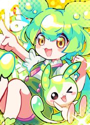 Rule 34 | &gt; o, 1girl, :3, blush stickers, chibi, creature, creature and personification, dual persona, green hair, green shorts, green theme, highres, knees up, one eye closed, open mouth, shirt, short hair, short sleeves, shorts, smile, solo, sowao., suspender shorts, suspenders, v-shaped eyebrows, voiceroid, voicevox, white shirt, yellow eyes, zundamon