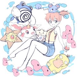 Rule 34 | 1girl, :d, asymmetrical hair, azurill, bare arms, barefoot, creatures (company), denim, feet, game freak, gen 1 pokemon, gen 2 pokemon, gen 3 pokemon, gendo0032, goldeen, hair between eyes, highres, holding, holding poke ball, knees together feet apart, legs together, looking at viewer, luvdisc, misty (pokemon), nintendo, on head, open mouth, orange hair, poke ball, pokemon, pokemon (anime), pokemon (classic anime), pokemon (creature), pokemon on head, poliwhirl, ponytail, psyduck, shirt, short hair, short shorts, shorts, side ponytail, simple background, sitting, sketch, sleeveless, smile, solo, staryu, suspenders, tank top, togepi, white background