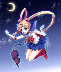 Rule 34 | 1990s (style), 1girl, :d, animal, bishoujo senshi sailor moon, bishoujo senshi sailor moon (first season), blonde hair, blue eyes, blue sailor collar, blue skirt, boots, bow, cat, choker, circlet, crescent moon, double bun, earrings, gloves, hair bun, happy, jewelry, jumping, knee boots, long hair, luna (sailor moon), magical girl, miniskirt, moon, nakagawa waka, night, open mouth, pleated skirt, red bow, red eyes, red footwear, retro artstyle, sailor collar, sailor moon, shoes, skirt, smile, tsukino usagi, twintails, very long hair, whiskers, white gloves