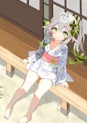 Rule 34 | 1girl, absurdres, barefoot, cakemoon (gxnc3352), commentary, feet, from above, genshin impact, gradient hair, green eyes, green hair, hair ornament, highres, japanese clothes, kimono, legs, long hair, looking at viewer, looking up, multicolored hair, nahida (genshin impact), obi, outdoors, pointy ears, print kimono, sash, short kimono, short yukata, side ponytail, sitting, smile, solo, thighs, toes, two-tone hair, white hair, white kimono, yukata