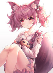 Rule 34 | 1girl, :t, absurdres, animal ear fluff, animal ears, arknights, bare legs, collarbone, feet out of frame, fox ears, fox girl, fox tail, frown, hair ornament, highres, ichizon, knees up, long hair, long sleeves, looking at viewer, miniskirt, pink hair, pout, red eyes, shamare (arknights), shirt, simple background, skirt, solo, strap, stuffed animal, stuffed toy, tail, torn clothes, torn shirt, twintails, v-shaped eyebrows, white background, white shirt
