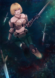 Rule 34 | 1girl, :d, armor, black thighhighs, blonde hair, blunt bangs, breasts, cleavage, clementine (overlord), collarbone, commentary request, garter straps, gauntlets, holding, holding sword, holding weapon, large breasts, midriff, navel, open mouth, overlord (maruyama), partially submerged, red eyes, relayrl, short hair, shoulder armor, sitting, smile, solo, stomach, sword, thighhighs, water, weapon