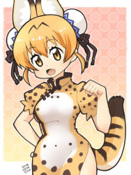 Rule 34 | 10s, 1girl, :d, adapted costume, animal ears, blonde hair, bun cover, china dress, chinese clothes, commentary request, cowboy shot, dated, double bun, dress, extra ears, hair between eyes, hakkatou, hand on own hip, kemono friends, looking at viewer, open mouth, paw pose, print dress, puffy short sleeves, puffy sleeves, serval (kemono friends), serval print, serval tail, short hair, short sleeves, side slit, smile, solo, tail, yellow eyes