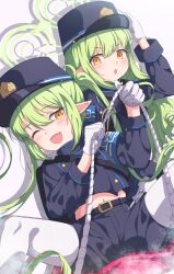 2girls :d :o absurdres belt black_belt blue_archive blue_hat blue_jacket blue_shorts blush commentary_request earrings fang gloves green_hair green_halo grey_background halo hat highres hikari_(blue_archive) jacket jewelry long_hair long_sleeves midriff mikoshi_(user_wvyd4348) multiple_girls navel nozomi_(blue_archive) one_eye_closed open_mouth orange_eyes pantyhose peaked_cap pointy_ears puffy_long_sleeves puffy_sleeves rope shako_cap shorts smile spread_legs train_conductor white_gloves white_pantyhose