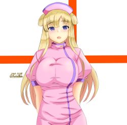 Rule 34 | 1girl, alternate costume, arms behind back, blonde hair, blue eyes, breasts, cowboy shot, dated, double bun, dress, fletcher (kancolle), hat, kantai collection, large breasts, long hair, looking at viewer, low ponytail, montemasa, nurse, nurse cap, one-hour drawing challenge, open mouth, pink dress, side slit, smile, solo, twitter username, two-tone background, white background