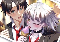 Rule 34 | 1boy, 1girl, absurdres, ahoge, aonoirasuto, black choker, black hair, black jacket, blue eyes, blush, choker, collared shirt, commentary request, dating, eating, fate/grand order, fate (series), fingernails, food, fujimaru ritsuka (male), grey hair, hair between eyes, highres, holding, holding food, holding ice cream cone, ice cream, ice cream cone, jacket, jeanne d&#039;arc alter (fate), long sleeves, looking at viewer, necktie, official alternate costume, one eye closed, open clothes, open jacket, open mouth, pale skin, photo (object), red necktie, school uniform, shirt, teeth, tongue, tongue out, upper teeth only, white shirt, yellow eyes
