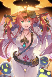 Rule 34 | 1girl, belt, bodysuit, breasts, broken halo, cleavage, collarbone, commentary request, spiked halo, gloves, gradient background, green eyes, guilty gear, guilty gear strive, hagure keg, halo, hands up, highres, jack-o&#039; valentine, large breasts, lips, long hair, long sleeves, looking at viewer, mask, mask on head, multicolored hair, open mouth, red hair, skin tight, smile, two-tone hair, white bodysuit, white hair