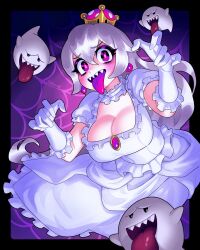 Rule 34 | 1girl, 333 (dqqqdle), blush, boo (mario), breasts, cleavage, collar, colored tongue, crown, dress, earrings, frilled collar, frilled gloves, frills, ghost, ghost pose, gloves, hair between eyes, highres, jewelry, large breasts, long hair, looking at viewer, luigi&#039;s mansion, mario (series), mini crown, new super mario bros. u deluxe, nintendo, open mouth, princess king boo, purple tongue, sharp teeth, short sleeves, spider web background, super crown, teeth, tongue, tongue out, white dress, white gloves, white hair