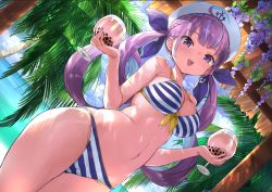 Rule 34 | 1girl, ahoge, anchor earrings, anchor print, bare arms, bikini, blue hair, breasts, bubble tea, cleavage, cloud, collarbone, colored inner hair, commentary request, crystal shoujo, cup, day, drinking glass, dutch angle, earrings, flower, front-tie bikini top, front-tie top, hair ribbon, hands up, hat, holding, holding cup, hololive, jewelry, large breasts, long hair, looking at viewer, minato aqua, minato aqua (hololive summer 2019), multicolored hair, navel, ocean, open mouth, outdoors, palm tree, purple eyes, purple flower, purple hair, ribbon, sailor hat, smile, solo, standing, stomach, strap gap, streaked hair, striped bikini, striped clothes, sunlight, swimsuit, thighs, tree, tree shade, twintails, two-tone hair, very long hair, virtual youtuber, white hat, wisteria