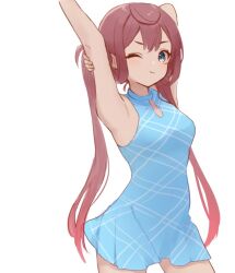 Rule 34 | 1girl, arm up, armpits, asagumo (kancolle), blue dress, blue eyes, brown hair, contrapposto, dress, kantai collection, long hair, looking at viewer, nuno (pppompon), official alternate costume, one eye closed, plaid, plaid dress, simple background, solo, turtleneck, turtleneck dress, twintails, white background