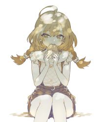 Rule 34 | 1girl, ahoge, assault lily, bare arms, bear hair ornament, belt, blush, braid, brown theme, closed mouth, commentary, cross-laced clothes, cross-laced shorts, eating, feet out of frame, food, food on face, frilled shirt, frills, hair between eyes, hair ornament, hands up, highres, holding, holding food, jewelry, long hair, looking at viewer, low twin braids, low twintails, monochrome, o-ring, o-ring belt, official alternate costume, official alternate hairstyle, ring, sasaki ran, shirt, shorts, simple background, sitting, sleeveless, sleeveless shirt, solo, suspender shorts, suspenders, taiyaki, tori udon, tree shade, twin braids, twintails, wagashi, white background