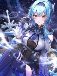 Rule 34 | 1girl, arm guards, bare shoulders, black gloves, black hairband, black thighhighs, blue hair, blue necktie, blush, bodystocking, breasts, clothing cutout, crossed legs, eula (genshin impact), feet out of frame, genshin impact, gloves, gradient eyes, hairband, hand up, highres, large breasts, light particles, long sleeves, multicolored eyes, necktie, night, night sky, orange eyes, outdoors, parted lips, planted, planted sword, planted weapon, purple eyes, short hair with long locks, shoulder cutout, sidelocks, sitting, sky, smile, snowflakes, solo, star (sky), starry sky, sword, thighhighs, toki (toki ship8), two-tone leotard, underbust, weapon