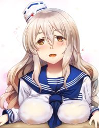 Rule 34 | 10s, 1girl, :d, alternate costume, between breasts, blush, breast press, breast rest, breasts, brown eyes, commentary request, drunk, covered erect nipples, grey hair, hair between eyes, hat, highres, kantai collection, large breasts, long hair, long sleeves, looking at viewer, mini hat, neckerchief, open mouth, out of frame, pola (kancolle), sailor collar, school uniform, serafuku, smile, solo, sorano (12gou), thick eyebrows, uniform, wavy hair