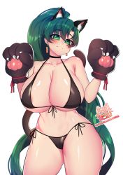 Rule 34 | 1girl, alternate breast size, animal ears, animal hands, artist name, bare shoulders, bikini, black bikini, black choker, black ribbon, blush, breasts, cat ears, cat girl, cat tail, choker, claws, cleavage, closed mouth, collarbone, cowboy shot, earrings, fire emblem, fire emblem: the blazing blade, front-tie bikini top, front-tie top, gloves, green eyes, green hair, hands up, head tilt, high ponytail, highres, huge breasts, jewelry, kemonomimi mode, long hair, looking at viewer, lyn (fire emblem), nintendo, osiimi, paw gloves, ribbon, ringed eyes, side-tie bikini bottom, signature, simple background, smile, solo, swimsuit, tail, very long hair, w arms, watermark, web address, white background