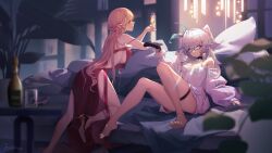 Rule 34 | 2girls, :3, absurdres, bare legs, bare shoulders, barefoot, black choker, blonde hair, blue eyes, blush, braid, breasts, champagne flute, choker, commentary request, controller, cup, dress, drinking glass, earrings, feet, game controller, girls&#039; frontline, grey hair, hair between eyes, hair ribbon, helrin, high heels, highres, holding, holding controller, holding cup, holding game controller, jewelry, large breasts, legs, long hair, looking at viewer, multiple girls, off shoulder, official alternate costume, ots-14 (girls&#039; frontline), ots-14 (ruler of the banquet) (girls&#039; frontline), pa-15 (girls&#039; frontline), pa-15 (marvelous yam pastry) (girls&#039; frontline), red dress, ribbon, shirt, sideboob, sitting, thigh strap, toes, white shirt, yellow eyes