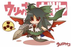 Rule 34 | 1girl, :&lt;, ahoge, alternate weapon, arm cannon, black hair, bow, cape, chibi, crossover, dragon girl, female focus, fusion, gabora, gurageida, hair bow, md5 mismatch, radiation symbol, red eyes, reiuji utsuho, solo, sych1590, touhou, ultra series, ultraman (1st series), weapon, wings