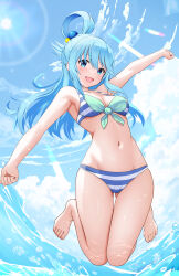 1girl :d absurdres aqua_(konosuba) barefoot bikini blue_eyes blue_hair blue_sky breasts cloud commentary_request curvy day feet feet_up full_body gibun_(sozoshu) gluteal_fold hair_ornament hair_rings happy highres jumping kono_subarashii_sekai_ni_shukufuku_wo! long_hair looking_at_viewer medium_breasts navel ocean open_mouth outdoors outstretched_arms revision sky smile solo striped_bikini striped_clothes sun swimsuit thigh_gap thighs toenails toes