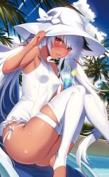 Rule 34 | 1girl, adjusting clothes, adjusting headwear, blush, breasts, cup, dark-skinned female, dark skin, day, fang, hat, highres, holding, holding cup, knees up, long hair, looking at viewer, m-da s-tarou, one-piece swimsuit, open mouth, orange eyes, original, outdoors, palm tree, sitting, small breasts, smile, solo, stirrup legwear, sun hat, swimsuit, thighhighs, toeless legwear, tree, white hair, white one-piece swimsuit, white thighhighs