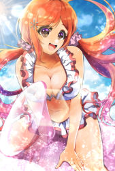 Rule 34 | 1girl, :d, bad id, bad pixiv id, bikini, bleach, blue sky, breasts, brown eyes, cleavage, collarbone, day, floating hair, frilled bikini, frills, hair ornament, inoue orihime, large breasts, long hair, open mouth, orange hair, outdoors, parted bangs, sky, smile, solo, summer, sunlight, swimsuit, twintails, umi (pixiv6861961), very long hair, white bikini
