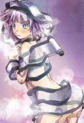 Rule 34 | 1girl, ass, bare shoulders, blue eyes, eyebrows, gradient eyes, light purple hair, looking at viewer, multicolored eyes, open mouth, personification, purple background, see-through, short hair, solo, sorcerer&#039;s sutra scroll, tattoo, touhou, yellow eyes, yohane