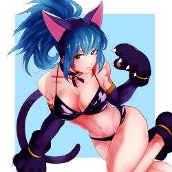Rule 34 | 1girl, animal costume, animal ears, animal hands, bikini, blue hair, breasts, cat costume, cat ears, cat paws, cleavage, elbow gloves, gloves, green eyes, juu satoshi, leona heidern, long hair, medium breasts, paw shoes, shoes, snk heroines: tag team frenzy, solo, swimsuit