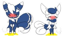 Rule 34 | 1boy, 1girl, animal ears, between legs, blue hair, blush, clenched teeth, closed eyes, creatures (company), crying, embarrassed, full body, furry, game freak, gen 6 pokemon, hand between legs, knees together feet apart, meowstic, meowstic (female), meowstic (male), multiple tails, nintendo, open mouth, own hands together, peeing, peeing self, pokemon, pokemon (creature), pokemon xy, puddle, seiya mesu, sexual dimorphism, simple background, standing, steam, sweat, tail, tears, teeth, two tails, v arms, wavy mouth, white background, white hair