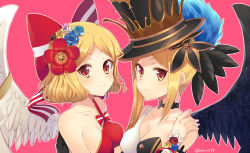 Rule 34 | 2girls, black choker, black feathers, black hat, bow, choker, copyright request, feathers, flower, hair flower, hair ornament, hat, looking at viewer, multiple girls, red bow, red eyes, red flower, rento (rukeai), rose, short hair, smile, top hat, white feathers