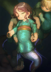 Rule 34 | 3girls, blush, braid, brown hair, feral lemma, green eyes, highres, japanese clothes, kimono, long sleeves, looking at another, looking at viewer, mermaid, monster girl, multiple girls, original, partially submerged, short hair, single braid, swimming, water