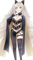 Rule 34 | 1girl, absurdres, alchemy stars, asymmetrical clothes, black gloves, black thighhighs, breasts, breasts apart, capelet, choker, closed mouth, covered navel, elbow gloves, feet out of frame, gloves, grey eyes, grey hair, highres, long hair, looking at viewer, mer (mer3in), scar, scar across eye, simple background, single pantsleg, single thighhigh, slit pupils, small breasts, smile, smokey (alchemy stars), smokey (imprisonment of greed) (alchemy stars), solo, standing, thigh strap, thighhighs, twintails, white background