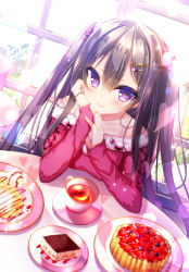Rule 34 | 1girl, bad id, bad pixiv id, black hair, closed mouth, cup, food, fruit tart, hair between eyes, hair ornament, hairclip, heart, long hair, looking at viewer, nae-nae, original, pancake, plate, purple eyes, smile, solo, spaghetti strap, strawberry syrup, strawberry tart, table, tart (food), tea, teacup, tiramisu, two side up, upper body