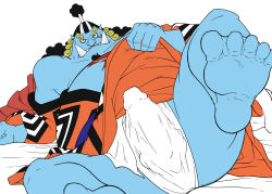 Rule 34 | 1boy, absurdres, big belly, feet, highres, jinbe (clothes), jinbe (one piece), large penis, lying, one piece, penis, skirt, white hair