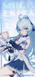 Rule 34 | 1girl, ahoge, arm up, blue eyes, blue gloves, blue hair, blue nails, blue sleeves, braid, breasts, character name, chinese commentary, closed mouth, commentary request, detached sleeves, fingerless gloves, gloves, gun, hair between eyes, high ponytail, highres, holding, holding weapon, honkai (series), honkai impact 3rd, light blue hair, logo, long hair, looking at viewer, medium breasts, nail polish, official art, official wallpaper, one eye closed, shigure kira, simple background, single glove, smile, solo, thigh strap, weapon