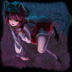Rule 34 | 1girl, animal ears, bow, bowtie, brown hair, cat ears, cat tail, chen, dark, fang, fingernails, full body, hat, kachayori, long fingernails, long sleeves, mob cap, multiple tails, nail polish, open mouth, red eyes, shaded face, shirt, shoes, short hair, skirt, skirt set, smile, solo, tail, touhou, vest
