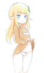 Rule 34 | 1girl, bad id, bad twitter id, blonde hair, blue eyes, blush, bow, bow panties, cleavage cutout, clothing cutout, commentary, done (donezumi), elf, flat chest, inactive account, lifted by self, long hair, long sleeves, looking at viewer, meme attire, navel, no pants, open-chest sweater, original, panties, pointy ears, ribbed sweater, simple background, solo, sweatdrop, sweater, turtleneck, underwear, white background, white panties