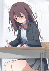 Rule 34 | 1girl, black jacket, black skirt, blush, bowtie, breast pocket, brown eyes, brown hair, chair, closed mouth, collared shirt, desk, embarrassed, female focus, flat chest, half-closed eyes, have to pee, holding, holding pen, indoors, jacket, legs together, long hair, long sleeves, miniskirt, nervous, on chair, open clothes, open jacket, original, pen, pleated skirt, pocket, raised eyebrows, red bow, red bowtie, school chair, school desk, school uniform, shirt, sidelocks, sitting, skirt, solo, split mouth, sweat, watakarashi, wavy mouth, white shirt, writing