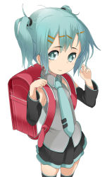 Rule 34 | 1girl, aged down, backpack, bad id, bad pixiv id, bag, detached sleeves, hair ornament, hairclip, hatsune miku, looking at viewer, necktie, randoseru, simple background, skirt, smile, solo, tamakorogashi, thighhighs, twintails, vocaloid, white background