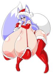 Rule 34 | 1girl, animal ear fluff, animal ears, areola slip, ayazumi flutter, bag, bent over, bikini, breasts, breasts on lap, christmas, elbow gloves, female focus, fox ears, fox girl, fox tail, full body, gigantic breasts, glasses, gloves, hanging breasts, hat, holding, holding bag, long hair, looking at viewer, purple hair, red bikini, red gloves, red thighhighs, santa hat, shiny skin, solo, standing, swimsuit, tail, tail raised, thighhighs, white background, wide hips
