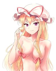 Rule 34 | 1girl, bad id, bad twitter id, blonde hair, bow, breasts, closed mouth, collarbone, hair bow, hair over breasts, hat, hat ribbon, long hair, looking at viewer, medium breasts, minust, mob cap, nude, purple eyes, red ribbon, ribbon, smile, solo, touhou, tsurime, upper body, yakumo yukari