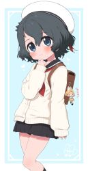 Rule 34 | 1girl, alternate costume, bag charm, black hair, blue eyes, blue skirt, blue socks, blush, brown bag, character charm, character doll, charm (object), commentary request, cowboy shot, highres, kaban (kemono friends), kemono friends, long sleeves, looking at viewer, neckerchief, pleated skirt, ransusan, red neckerchief, sailor collar, school uniform, serval (kemono friends), serval print, short hair, skirt, sleeves past wrists, socks, solo, sweater, translation request, white sweater