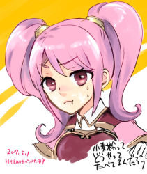 Rule 34 | !, !!, 1girl, armor, breastplate, dated, fire emblem, fire emblem echoes: shadows of valentia, long hair, mae (fire emblem), nintendo, pink eyes, pink hair, portrait, solo, twintails