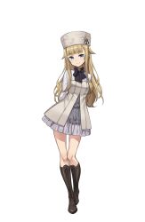 Rule 34 | 1girl, arms behind back, blonde hair, blue eyes, boots, brown footwear, cross-laced footwear, full body, hat, hat ornament, highres, knee boots, long hair, looking at viewer, official art, princess (princess principal), princess principal, princess principal game of mission, smile, solo, standing, transparent background, white hat