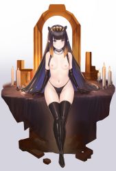 Rule 34 | 1girl, bad id, bad pixiv id, bare shoulders, black footwear, black gloves, black hair, black thighhighs, boots, breasts, brown hair, candle, cleavage, dolphenry, elbow gloves, full body, gloves, gradient hair, highres, hololive, hololive english, multicolored hair, navel, ninomae ina&#039;nis, nipples, small breasts, solo, thigh boots, thighhighs, thighs, virtual youtuber