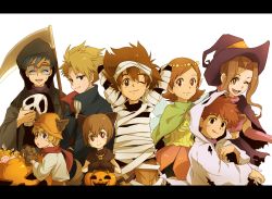 Rule 34 | 3girls, 5boys, :d, :q, animal ears, arms behind head, bad id, bad pixiv id, bell, blonde hair, blue eyes, blue hair, brother and sister, brothers, brown eyes, brown hair, cat ears, cat tail, cosplay, death (entity), digimon, digimon adventure, fairy, fang, ghost, gloves, grim reaper, halloween, halloween costume, hat, ishida yamato, izumi koshiro, jack-o&#039;-lantern, jingle bell, kido jo, letterboxed, long hair, mask, midriff, mimxxpk, multiple boys, multiple girls, mummy, navel, one eye closed, open mouth, pointy ears, pumpkin, red eyes, scarf, scythe, short hair, siblings, smile, tachikawa mimi, tail, takaishi takeru, takenouchi sora, tongue, tongue out, torn clothes, vampire, werewolf, whiskers, wink, witch, witch hat, wolf ears, wolf tail, yagami hikari, yagami taichi