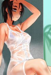 Rule 34 | 1girl, arm up, armpit peek, black hair, bra visible through clothes, breasts, brown eyes, cleavage, dress, hand on own head, looking to the side, medium breasts, ruuen rouga, see-through, short hair, sitting, solo, thick eyebrows, underwear, wet, wet clothes, white dress