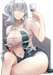 Rule 34 | 1girl, absurdres, ak-12 (girls&#039; frontline), ak-12 (quiet azure) (girls&#039; frontline), bare shoulders, blue dress, breasts, center opening, cleavage, closed eyes, crossed legs, cup, dress, drinking glass, evening gown, formal, girls&#039; frontline, hair between eyes, halterneck, high ponytail, highres, holding, holding cup, kyoyakyo, large breasts, long hair, navel, official alternate costume, parted lips, revealing clothes, sidelocks, silver hair, sitting, solo, thighs, white background, wine glass