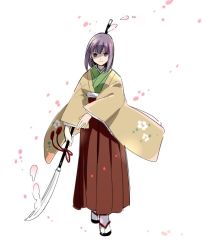 Rule 34 | 1girl, empty eyes, hieda no akyuu, holding, holding weapon, japanese clothes, kimono, koma midori, long sleeves, looking at viewer, naginata, polearm, purple eyes, purple hair, sandals, shaded face, simple background, touhou, weapon, white background