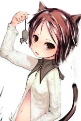 Rule 34 | anemos, animal ears, brown eyes, brown hair, cat ears, cat tail, flat chest, highres, mouse (animal), navel, original, short hair, solo, tail