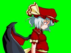 Rule 34 | 1girl, agni (mugen), bat wings, black wings, closed mouth, elma-ds (dollssong), from side, green background, hat, hat ribbon, highres, m.u.g.e.n, red eyes, red hat, remilia scarlet, ribbon, short hair, short sleeves, simple background, solo, touhou, upper body, white hair, wings, yellow ribbon