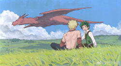 Rule 34 | 2boys, :d, alternate universe, arm on thigh, bakugou katsuki, bead necklace, beads, belt, black pants, blonde hair, blue sky, blush, bnahzub, boku no hero academia, brown belt, chinese commentary, commentary request, day, detached sleeves, dragon, earrings, fantasy, field, flying, freckles, from behind, grass, grasslands, green eyes, green hair, green vest, happy, highres, jewelry, long sleeves, looking at another, looking to the side, male focus, midoriya izuku, multiple boys, multiple necklaces, necklace, no shirt, official alternate costume, on grass, on ground, open collar, open mouth, outdoors, pants, round teeth, scar, scar on back, shadow, sheath, sheathed, shirt, short hair, shoulder belt, sitting, sky, smile, spiked hair, spoilers, sword, teeth, tooth earrings, triangle print, turning head, upper teeth only, vest, weapon, weibo logo, weibo watermark, western dragon, white shirt, wide shot
